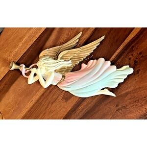 VTG Angel With Gold Trumpet/ Wings Pink & Blue Wall Hanging Cast Aluminum 12"